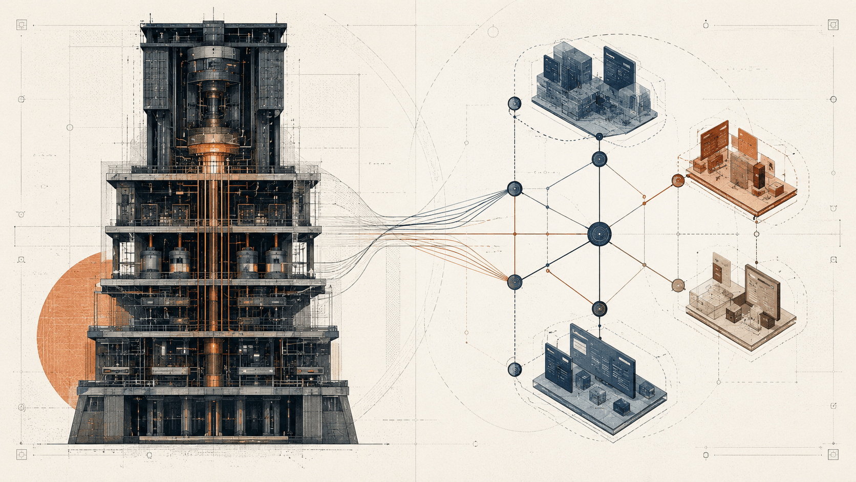 A centralized server-first tower on one side and a modular router-first graph on the other